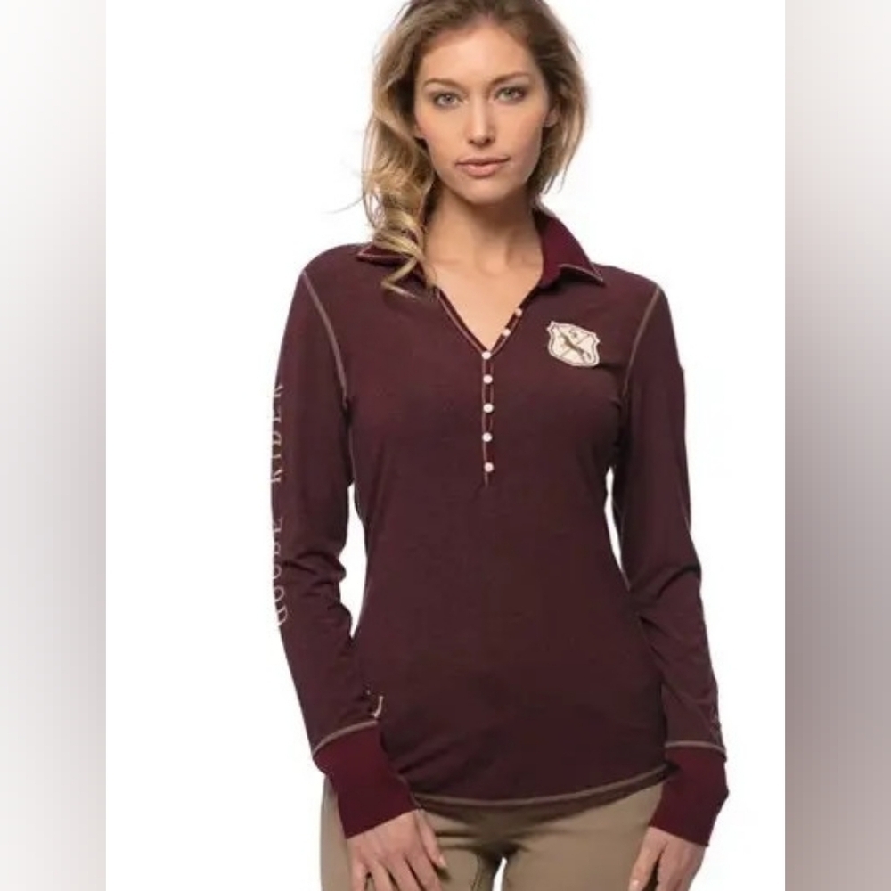 Goode Rider Maroon Long Sleeve Polo Shirt. Ladies Size Large